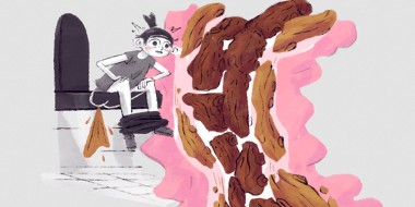 Illustratie van poepend kind op het toilet