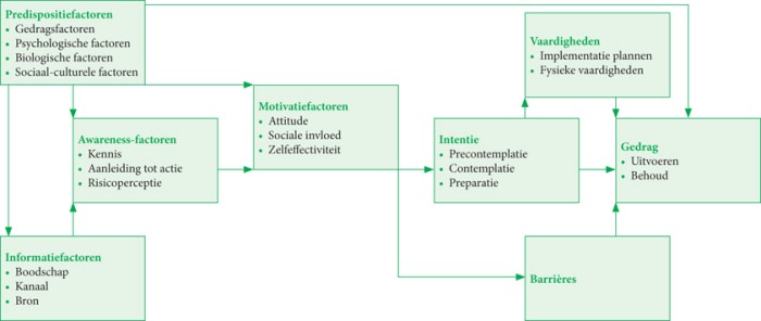 Het Integrated Model for Behavioural Change (I-Change model). De pijlen staan voor de onderlinge invloed tussen de verschillende factoren.