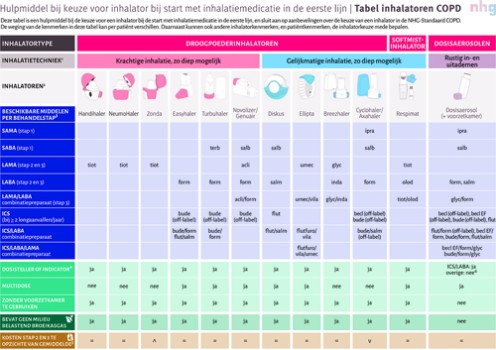 Bekijk de overzichttabellen voor astma en COPD via nhg.org/tabelinhalatoren.